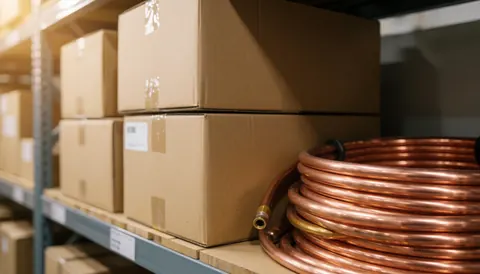 Fond industriel avec tuyaux en cuivre et cartons sur étagères, idéal pour textes commerciaux et publicité services climatisation.