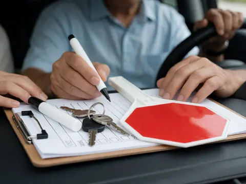 Vue rapprochée des outils pédagogiques utilisés en auto-école incluant clés de voiture, stylos, documents administratifs et panneaux de signalisation sur un tableau.