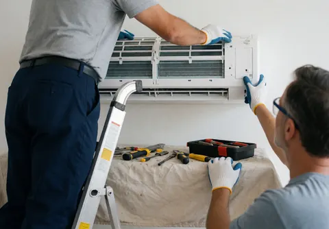 Deux techniciens posent une unité intérieure de climatisation sur un mur blanc, avec outils et protections visibles.