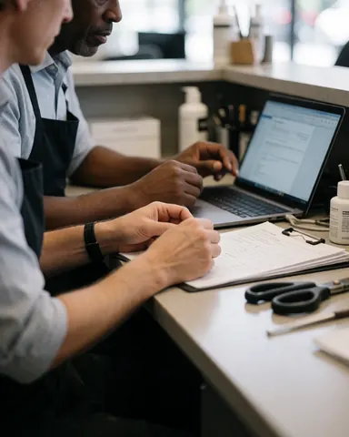 Deux hommes en tenue professionnelle consultent un écran d'ordinateur portable posé sur une table de travail, entourés de documents et d'outils de toilettage.