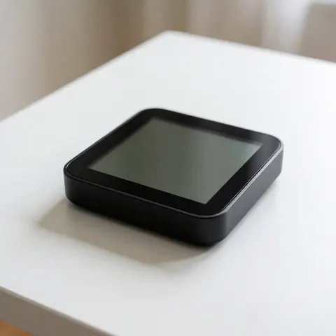 Un thermostat connecté au design épuré posé sur une surface claire avec des ombres douces, illustrant la domotique et le contrôle du climat.