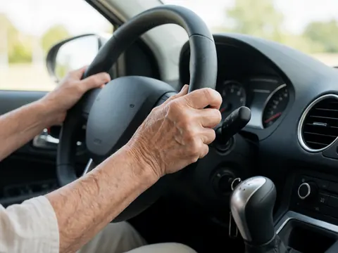Gros plan des mains d'un conducteur âgé tenant le volant d'une voiture d'auto-école avec une transmission manuelle, éclairage naturel réaliste.
