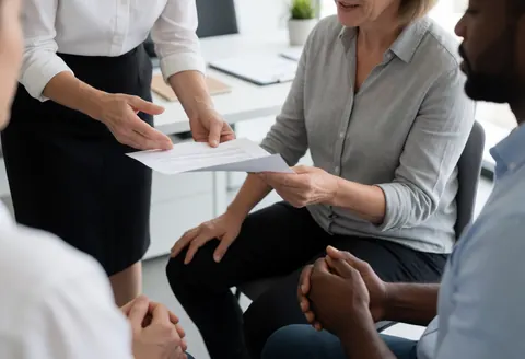 Un consultant remet un document à un client assis dans un bureau moderne tandis qu'un autre client observe attentivement, illustrant une interaction professionnelle réaliste.
