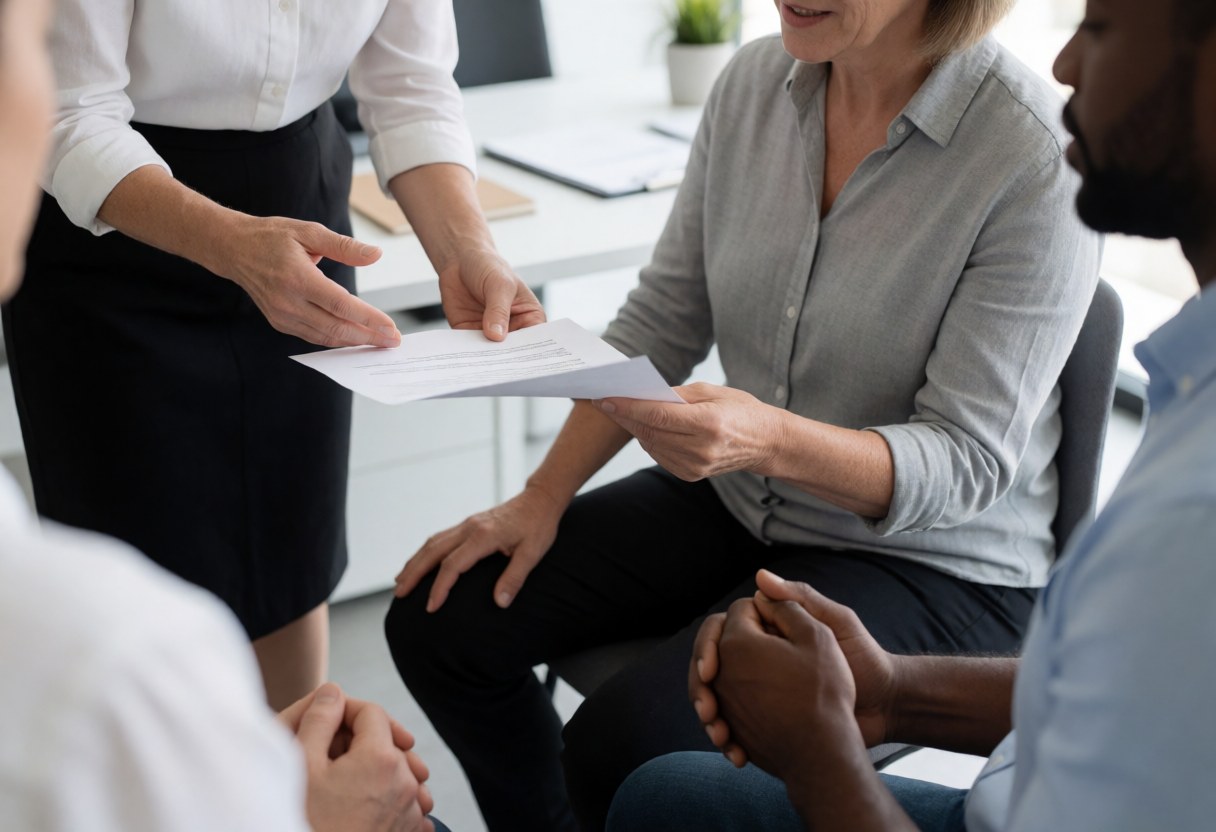 Un consultant remet un document à un client assis dans un bureau moderne tandis qu'un autre client observe attentivement, illustrant une interaction professionnelle réaliste.