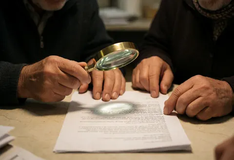Deux personnes âgées vérient attentivement les détails d'un contrat sur une table grâce à une loupe, dans un cadre professionnel aux tons chauds.