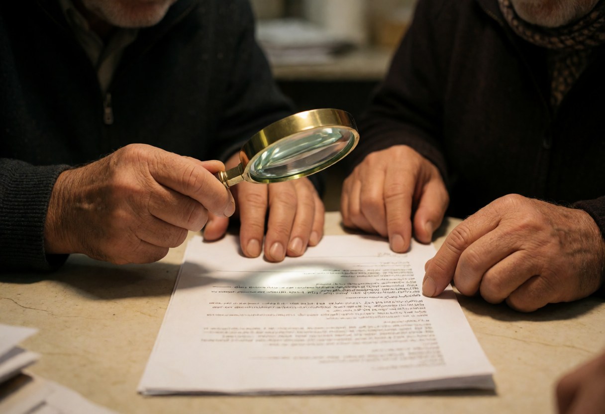 Deux personnes âgées vérient attentivement les détails d'un contrat sur une table grâce à une loupe, dans un cadre professionnel aux tons chauds.