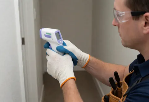 Technicien en climatisation contrôlant le flux d'air avec un thermomètre infrarouge, portant gants et lunettes de sécurité dans un couloir intérieur.