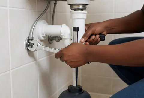 Un plombier professionnel utilise une clé pour réparer des tuyaux sous un évier, sur un mur carrelé, illustrant un service de plomberie en action.