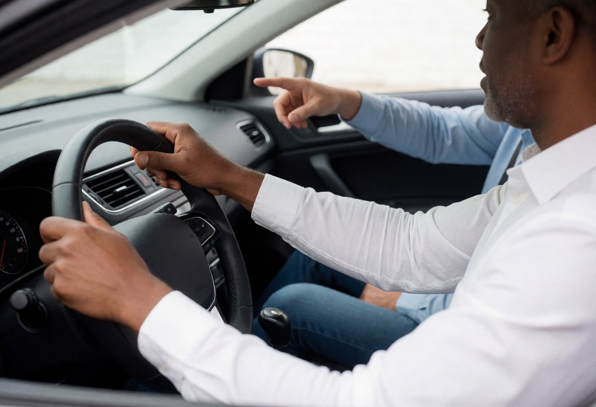 Vue intérieure d'un véhicule montrant un instructeur pointant vers l'avant tandis qu'un élève tient le volant, avec une rue visible par la fenêtre en pleine journée.