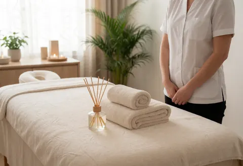 Salle de massage propre et relaxante équipée de lits, serviettes, diffuseur et plantes. Un professionnel se tient debout dans un environnement calme.