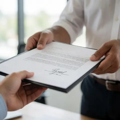 Deux personnes échangent un document signé dans un cadre professionnel réaliste au bureau.