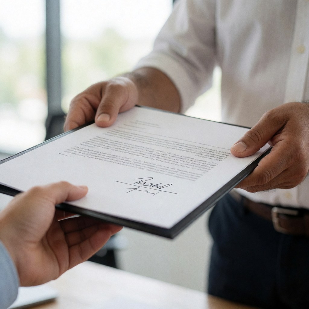 Deux personnes échangent un document signé dans un cadre professionnel réaliste au bureau.