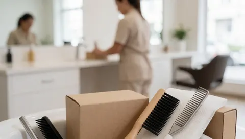 Gros plan sur des outils de toilettage canin tels que des brosses, avec un arrière-plan professionnel flou pour textes et publicité.
