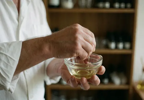 Mains d'un professionnel mélangeant des huiles essentielles dans un récipient en verre sur une étagère en bois, créant une ambiance naturelle et relaxante pour le spa.