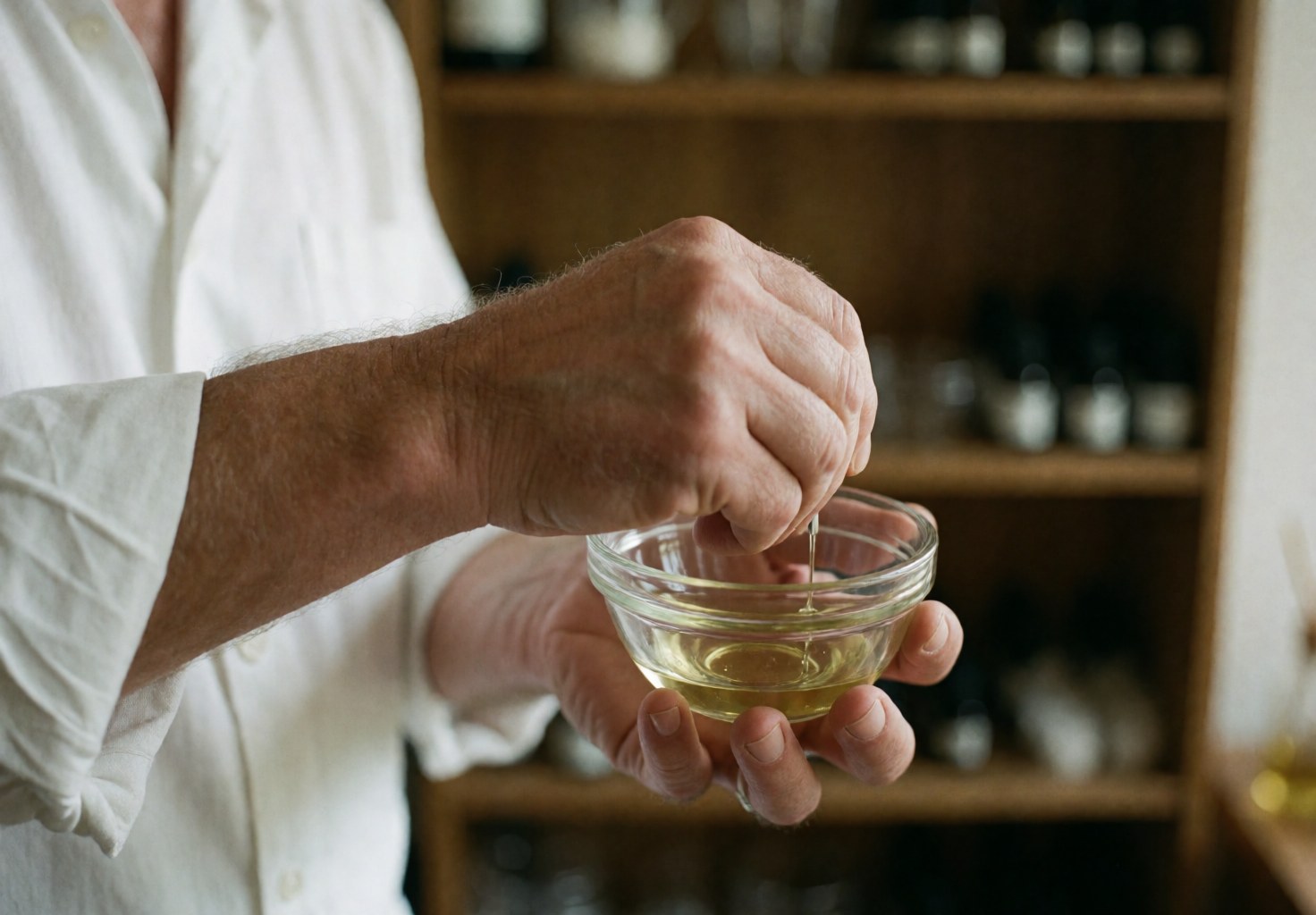 Mains d'un professionnel mélangeant des huiles essentielles dans un récipient en verre sur une étagère en bois, créant une ambiance naturelle et relaxante pour le spa.