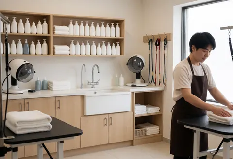 Le propriétaire travaille dans un salon de toilettage propre avec des sèche-cheveux, serviettes, produits et meubles en bois visibles.