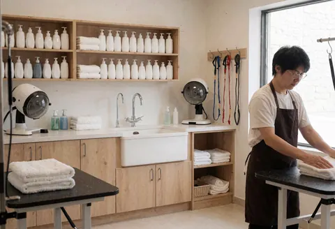 Le propriétaire travaille dans un salon de toilettage propre avec des sèche-cheveux, serviettes, produits et meubles en bois visibles.