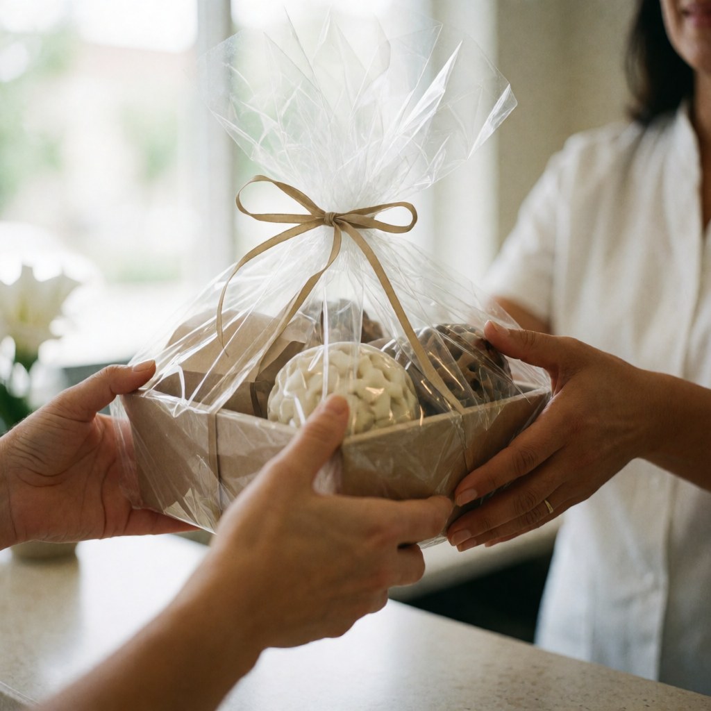 Une réceptionniste remet une boîte cadeau spa à un client lors de la livraison.