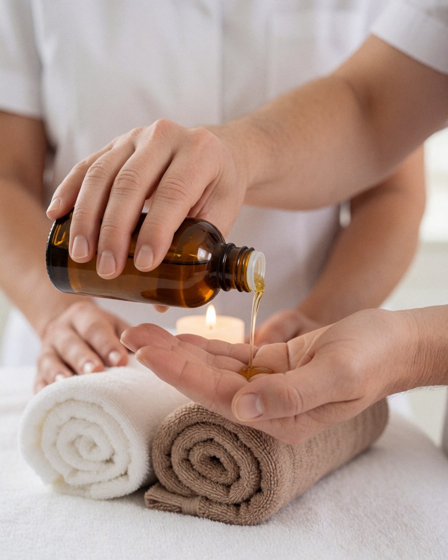Mains en contact avec de l'huile de massage, serviettes blanches et bougie créant une ambiance spa relaxante.
