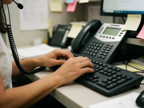 Mains d'une personne utilisant un téléphone et un clavier sur un bureau, illustrant le service client avec des notes et un écran.