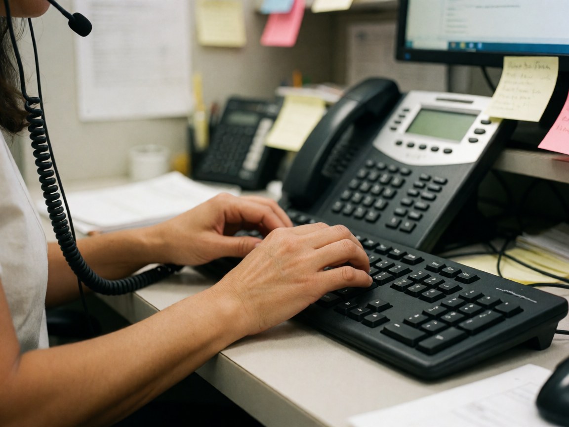 Mains d'une personne utilisant un téléphone et un clavier sur un bureau, illustrant le service client avec des notes et un écran.