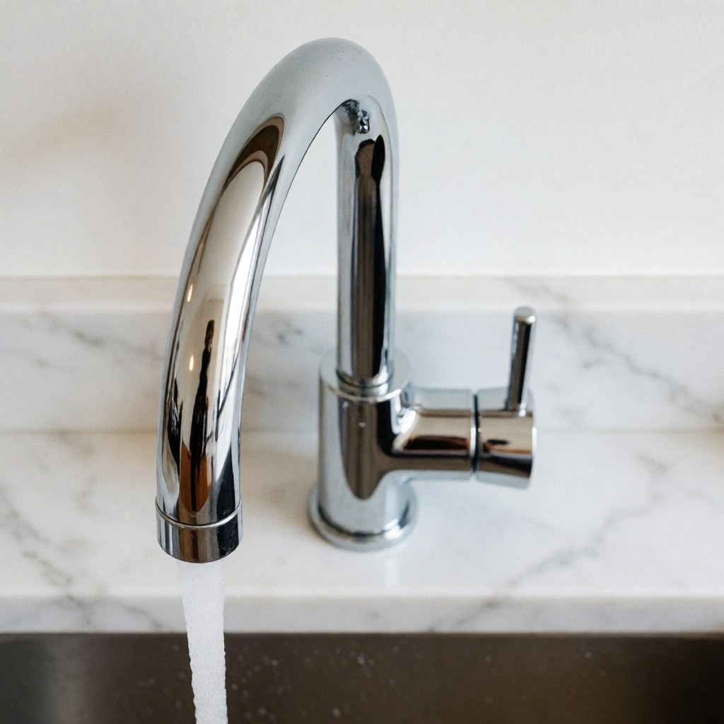 Un robinet en acier inoxydable installé proprement sur un plan de travail en marbre blanc dans une cuisine moderne, reflétant la lumière et soulignant la fraîcheur du design.