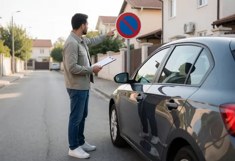 Un instructeur d'auto-école explique une règle de circulation à un élève conducteur dans une voiture stationnée sur une rue résidentielle.