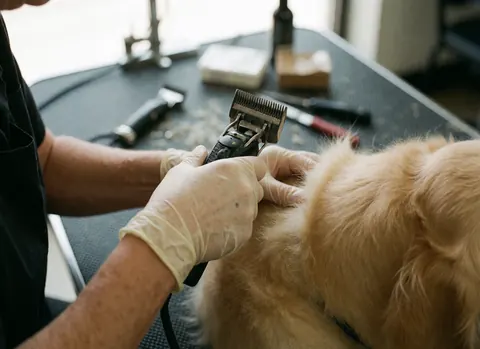 Un groomer professionnel portant des gants coupe les poils d'un chien à l'aide de ciseaux, entouré d'outils et d'accessoires sur une table de travail dans un salon de toilettage canin.