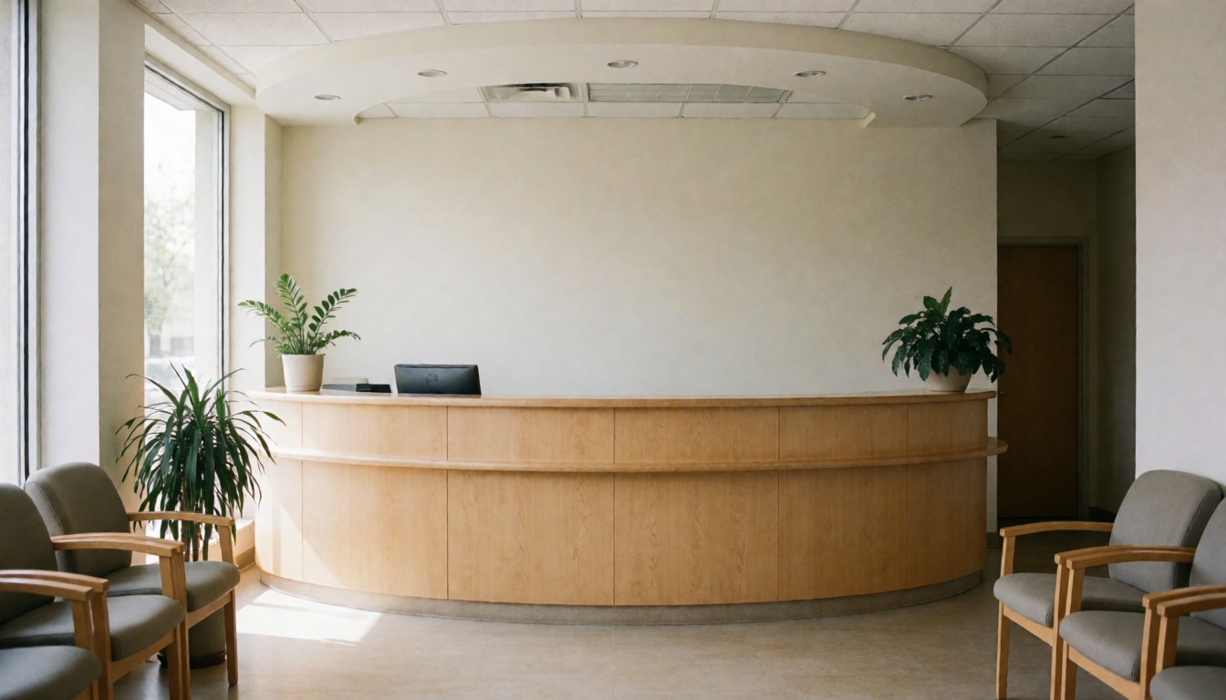 Un bureau d'accueil moderne en bois baigné de lumière naturelle, offrant une ambiance lumineuse et accueillante pour les visiteurs.