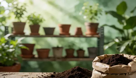 Arrière-plan composé de pots en céramique, de sacs de terre et de plantes vertes, adapté pour l'intégration de textes professionnels et d'en-têtes.