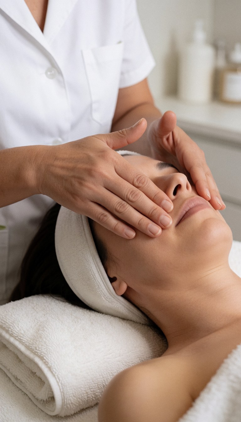 Thérapeute effectuant un massage facial doux sur une cliente relaxée dans un spa moderne avec des serviettes blanches.