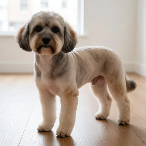 Chien à poil long bénéficiant d'une coupe professionnelle sur un sol en bois, dans un intérieur lumineux et minimaliste.
