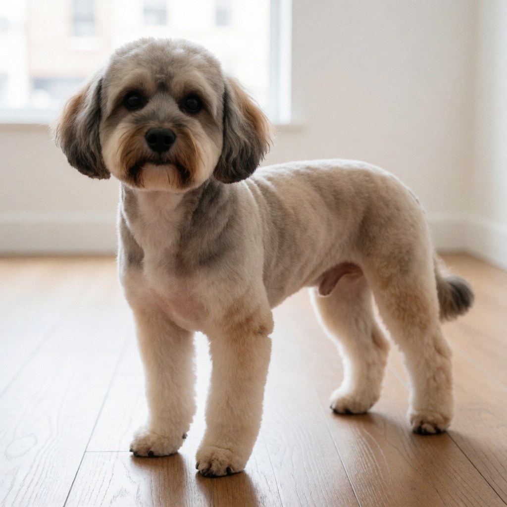 Chien à poil long bénéficiant d'une coupe professionnelle sur un sol en bois, dans un intérieur lumineux et minimaliste.