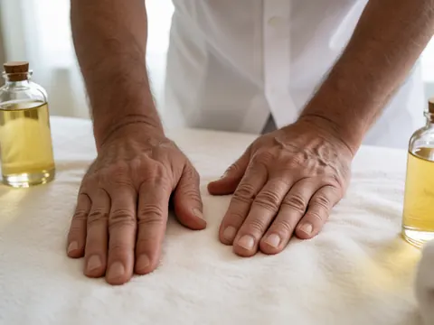 Des mains disposent des bouteilles d'huiles organiques sur une table couverte d'un tissu, dans un cadre apaisant et naturel pour le bien-être.