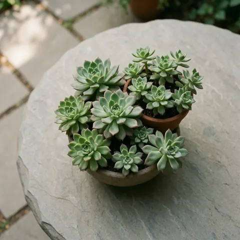 Arrangement de plantes succulentes dans un récipient posé sur une surface en pierre, éclairage naturel avec arrière-plan jardin.