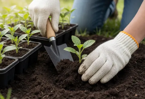 Des mains portant des gants blancs enfouissent une petite plante dans un sol sombre, avec une pelle et des pots à plants visibles sous une lumière naturelle douce.