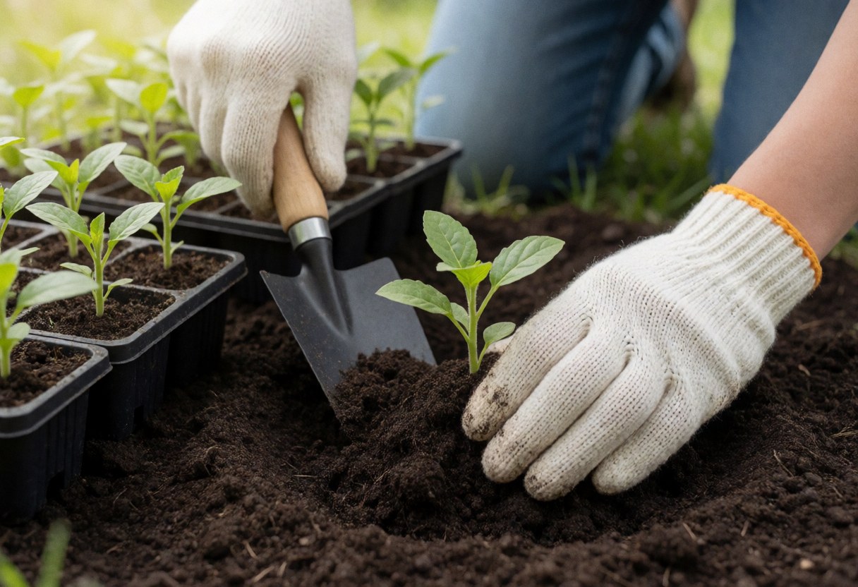 Des mains portant des gants blancs enfouissent une petite plante dans un sol sombre, avec une pelle et des pots à plants visibles sous une lumière naturelle douce.