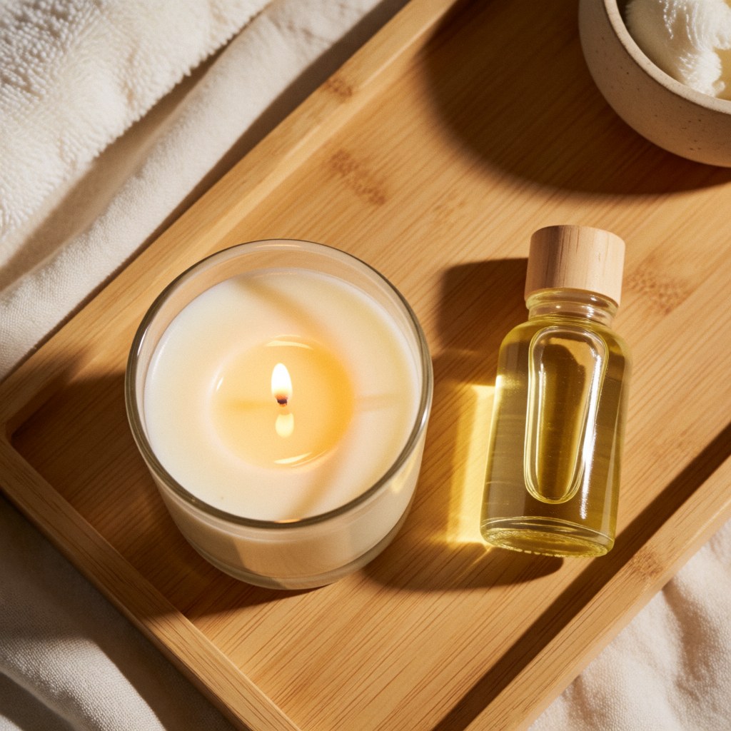 Une bougie allumée et une bouteille d'huile de massage disposées sur un plateau en bambou, créant une ambiance chaleureuse et relaxante idéale pour le bien-être.