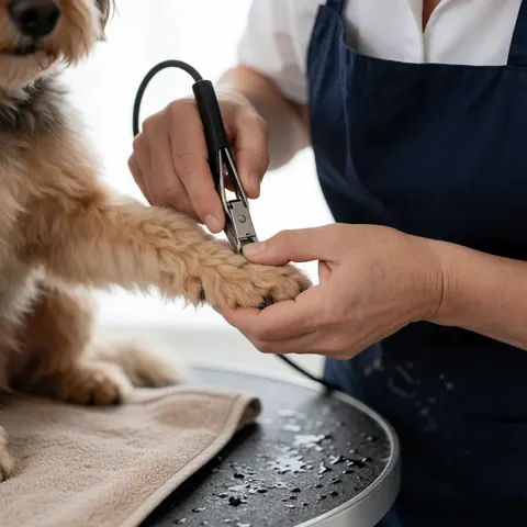 Un professionnel coupe les griffes d'un chien sur une table avec des outils et une serviette.