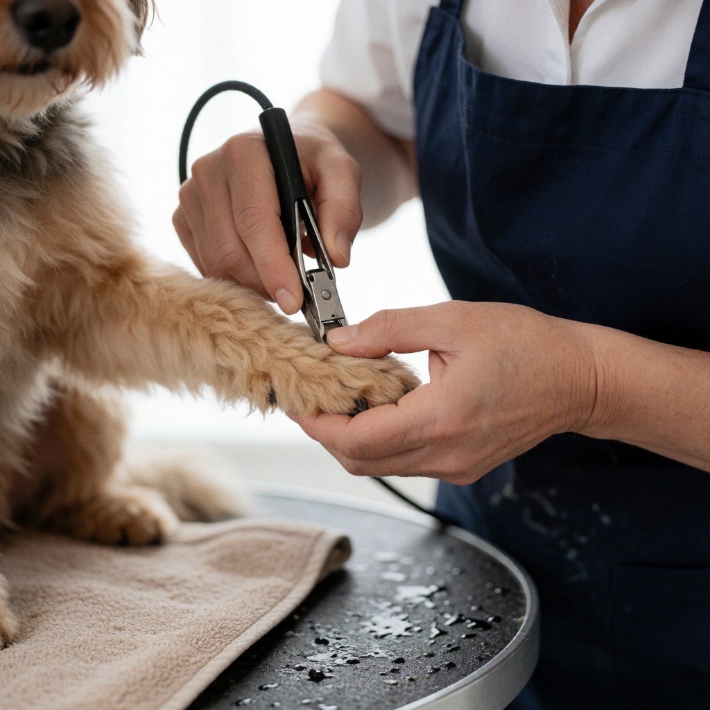 Un professionnel coupe les griffes d'un chien sur une table avec des outils et une serviette.