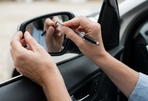 Main utilisant un stylo pour régler le rétroviseur latéral d'une voiture, détail du soin du véhicule et préparation professionnelle pour une leçon de conduite.