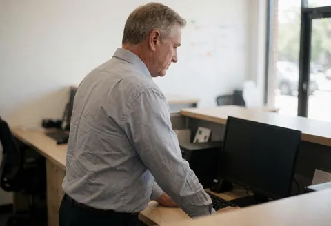 Un homme travaille sur son ordinateur dans un bureau moderne éclairé par la lumière naturelle, créant une ambiance professionnelle.
