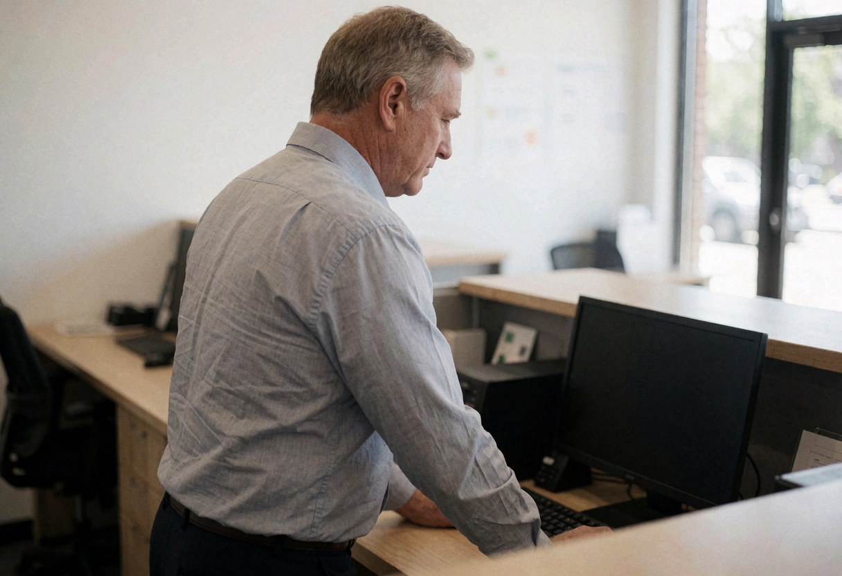 Un homme travaille sur son ordinateur dans un bureau moderne éclairé par la lumière naturelle, créant une ambiance professionnelle.