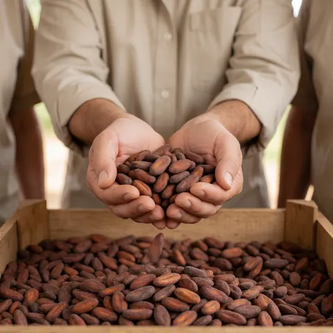 Des grains de cacao sélectionnés sont visibles dans une boîte en bois sur un fond neutre.