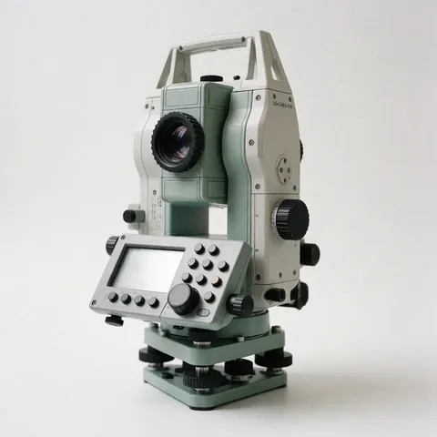 Théodolite numérique posé sur un fond blanc uni, montrant son écran, ses boutons et ses lentilles pour des mesures de précision en topographie et ingénierie.