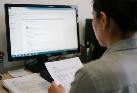 Une femme professionnelle consulte des papiers et travaille sur son ordinateur portable posé sur un bureau d'office.