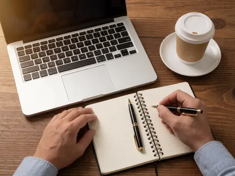 Mains écrivant dans un carnet sur une table en bois, à côté d'un ordinateur portable et d'une tasse de café, scène de travail ou d'étude avec éclairage chaleureux et organisé.