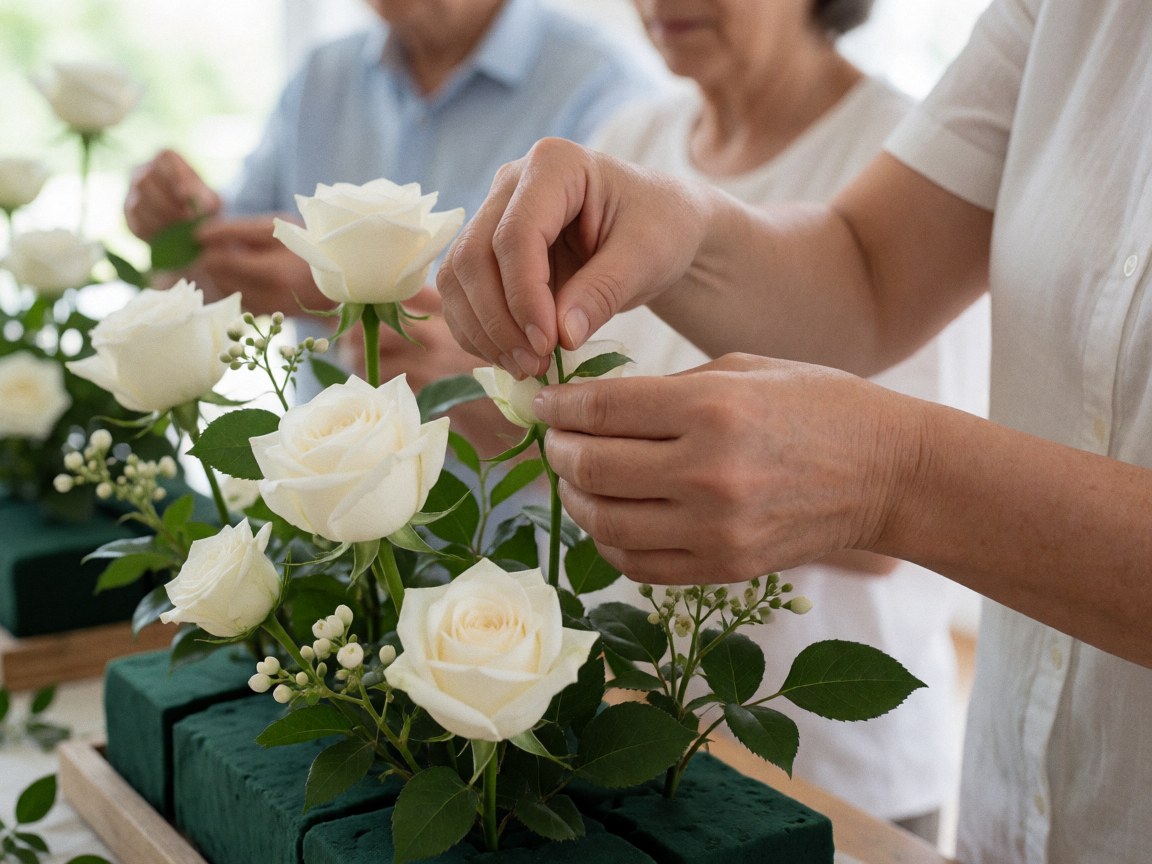 Des mains d'adultes disposent délicatement des roses blanches et du feuillage sur une base de mousse verte sous lumière naturelle pour la décoration d'événements et de mariages.