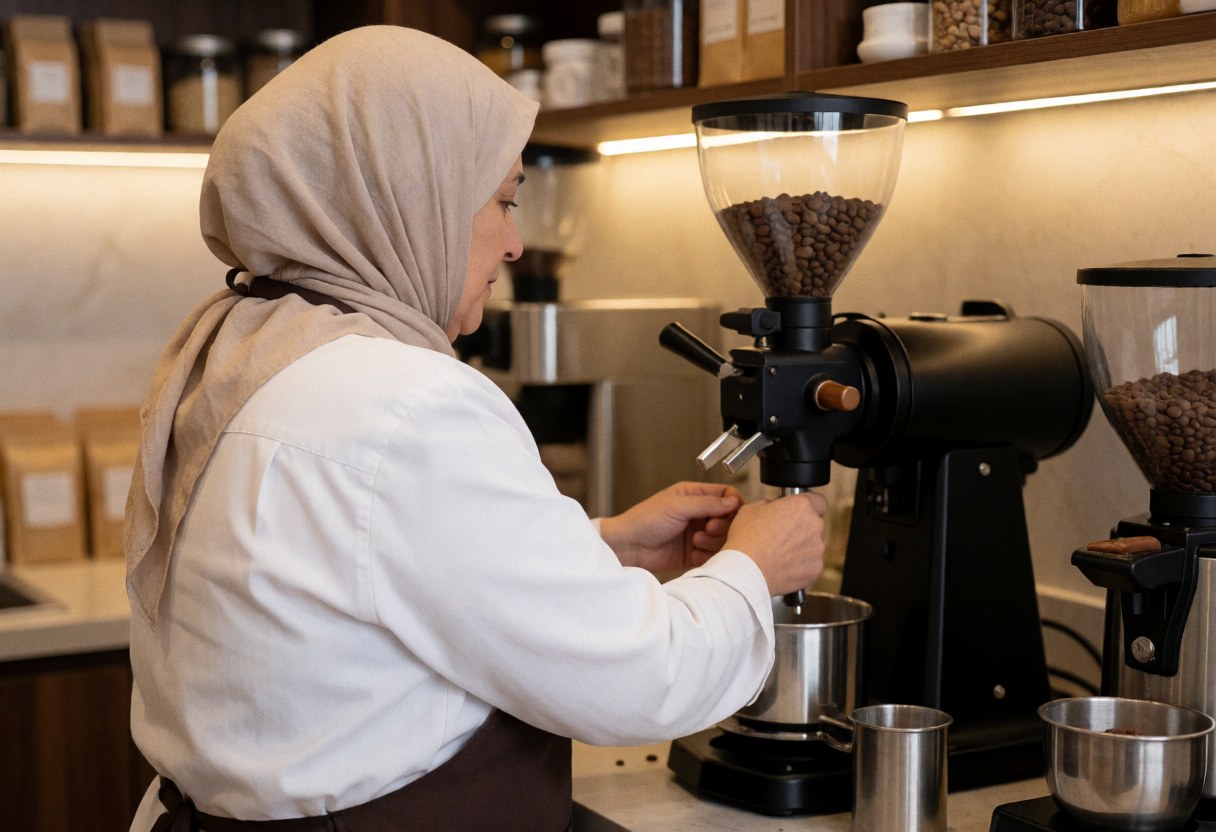 Une femme utilise un moulin à café dans une cafétéria. Des grains sont visibles dans le récipient, avec des étagères de produits en arrière-plan et une lumière chaleureuse.