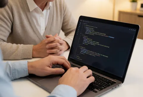 Un développeur tape du code sur son laptop pendant qu'un client observe attentivement dans un bureau moderne éclairé par une lumière chaude.